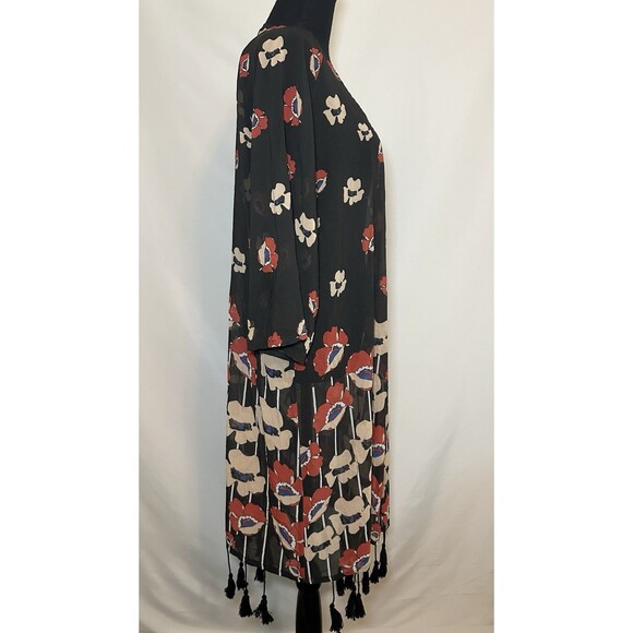 Haoduoyi Fringe 3/4 Sleeve Black Floral Sheer Kimono Women's Boho‎ MEDIUM - Picture 4 of 13